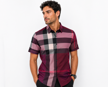 Morelli Premium Wear Men’s Short Sleeve Plaid Red Shirt