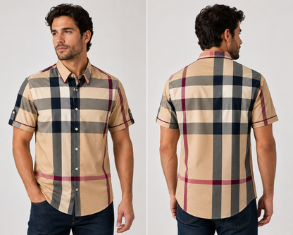 Morelli Premium Wear Men’s Short Sleeve Plaid Tan Shirt