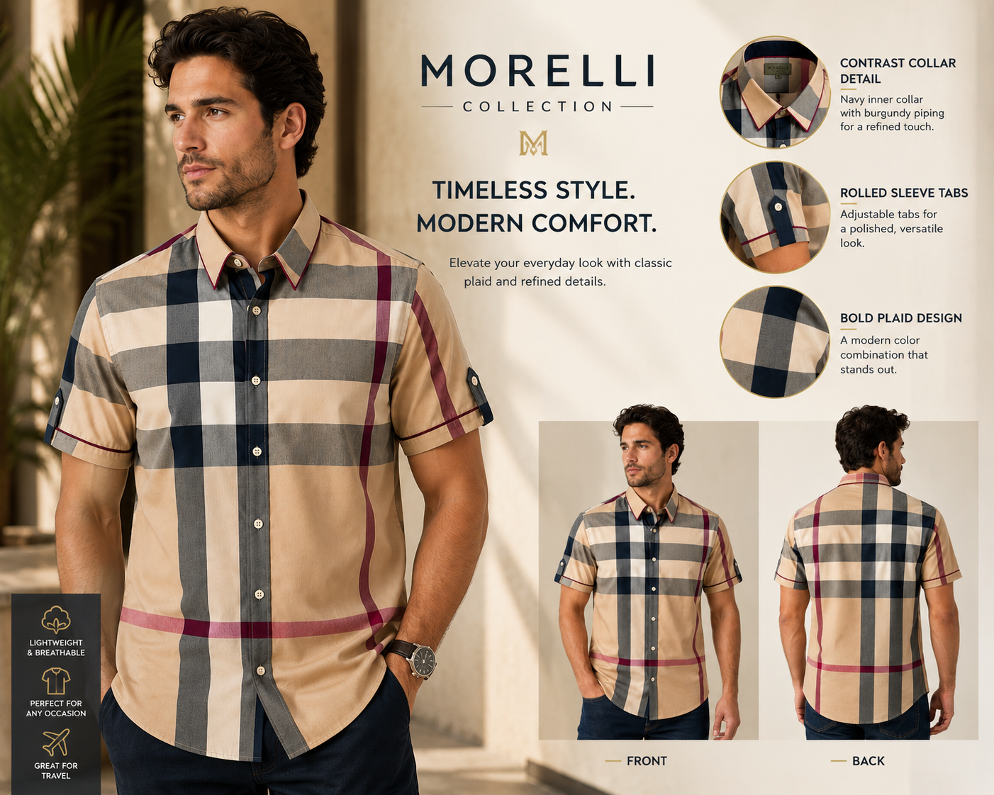 Morelli Premium Wear Men’s Short Sleeve Plaid Tan Shirt