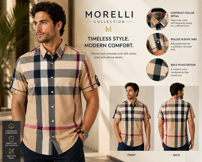 Morelli Premium Wear Men’s Short Sleeve Plaid Tan Shirt