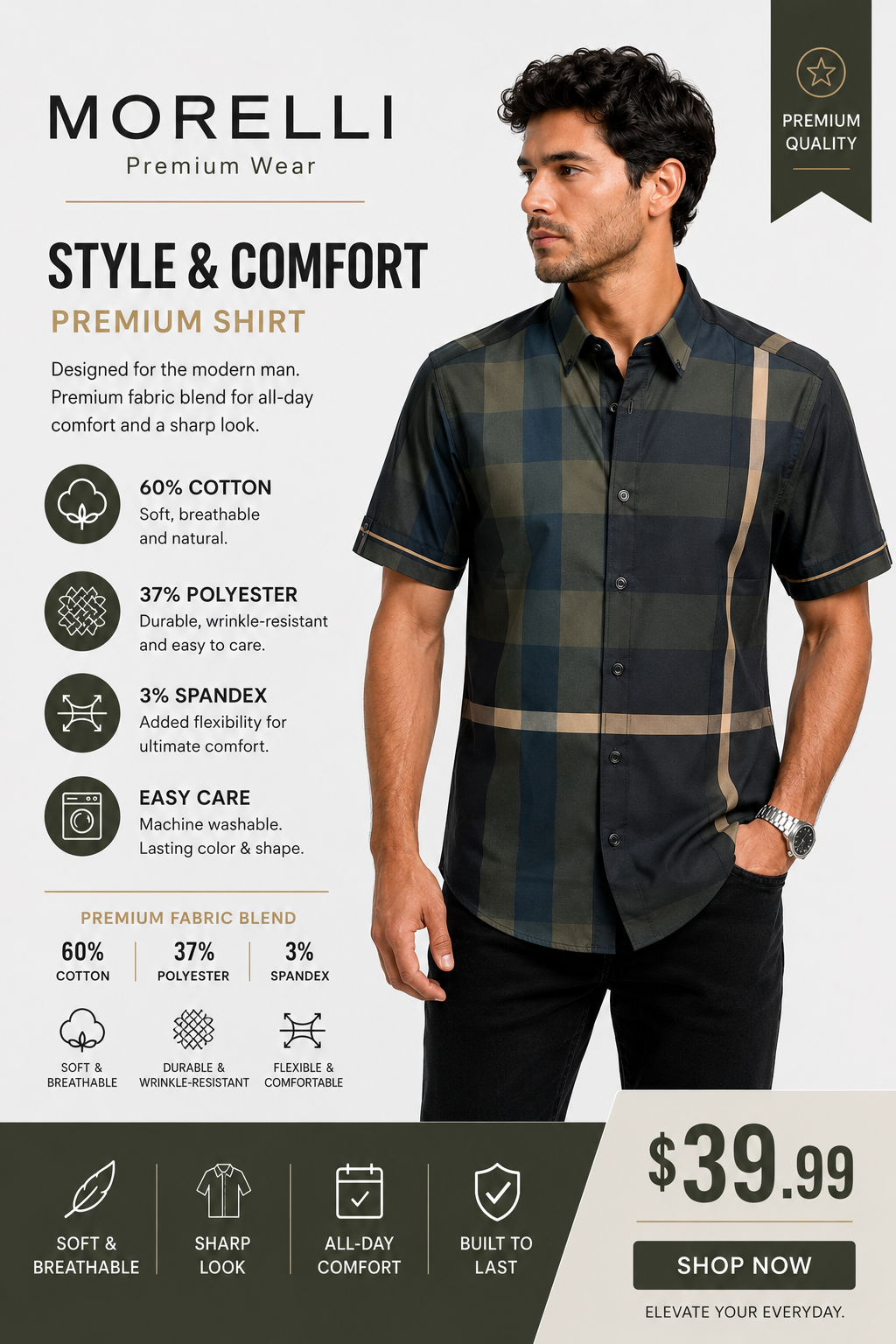 Morelli Premium Wear Men’s Short Sleeve Plaid Green Shirt