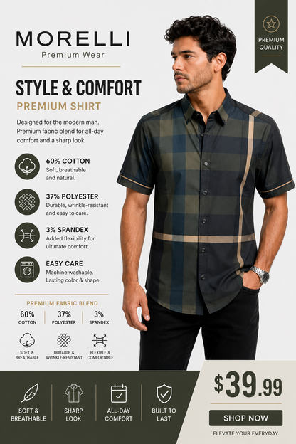 Morelli Premium Wear Men’s Short Sleeve Plaid Green Shirt