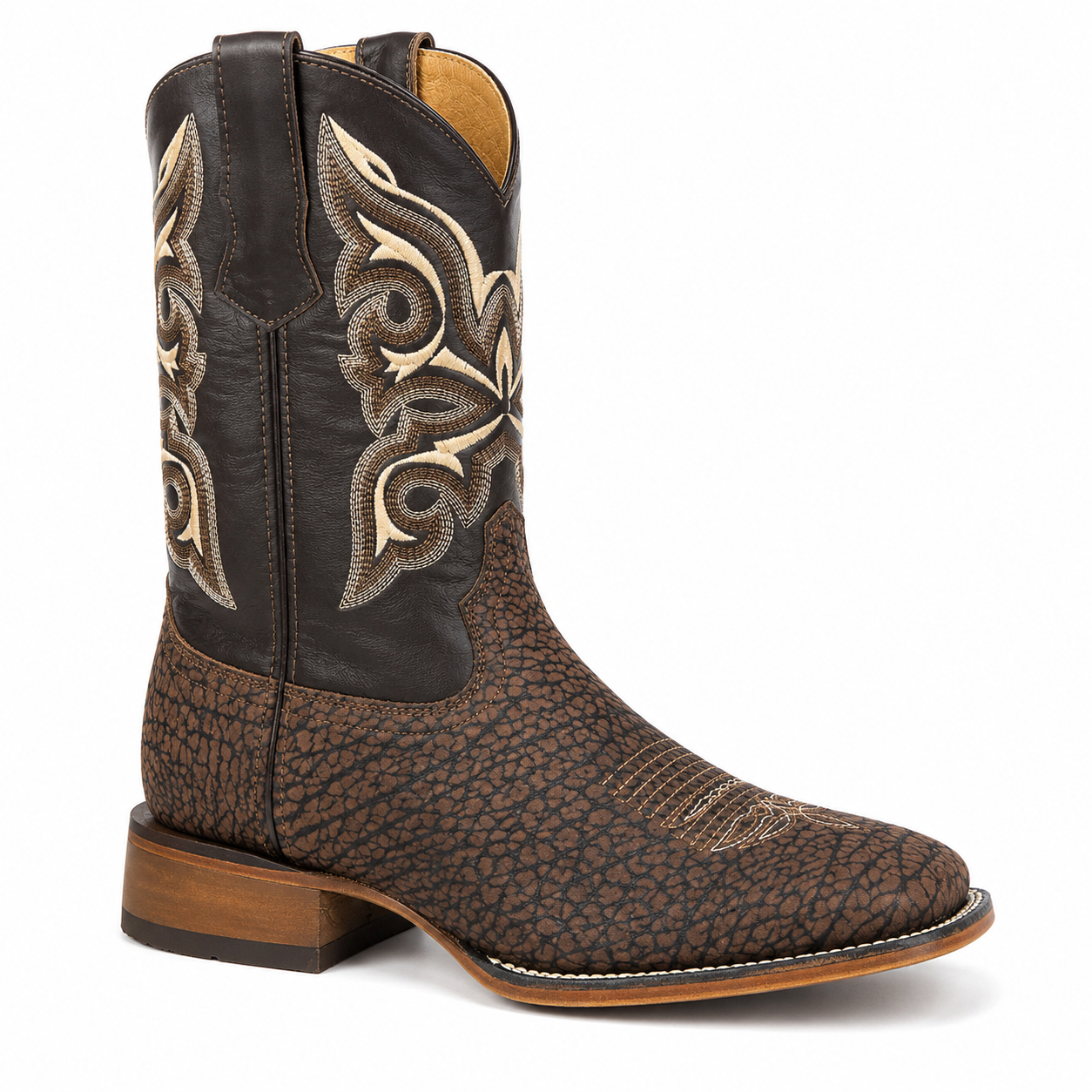 Potrillo Western Boots – Genuine Bull Neck Leather Brown Square Toe with Embroidered Shaft