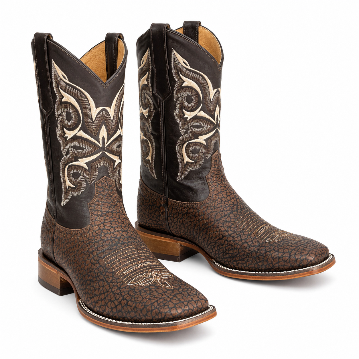 Potrillo Western Boots – Genuine Bull Neck Leather Brown Square Toe with Embroidered Shaft